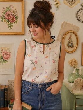 Modcloth Do Right Darling Picnic Sleeveless Top Twee Size Small